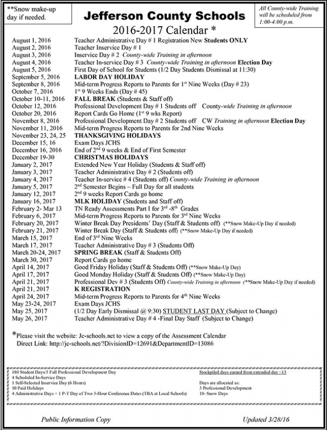 20162017 Jefferson County TN School Calendar 03282016 The Jefferson