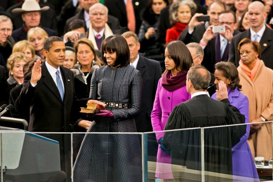 President Barack Obama takes the oath of office from Supreme Court Chief Justice John G. Roberts Jr., right, in a public ceremony at the U.S. Capitol before thousands of people in Washington, D.C., Jan. 21, 2013. Roberts administered the oath in an official ceremony at the White House, Jan., 20, 2013. White House photo by Sonya N. Hebert