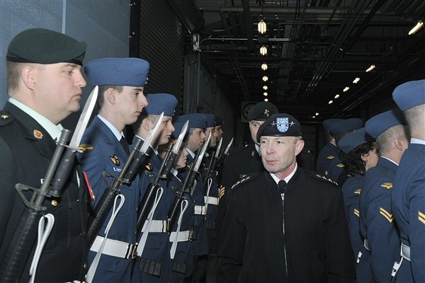 U.S. Army Gen. Charles Jacoby, Jr., commander of North American Aerospace Defense Command and U.S. Northern Command, is greeted by an honor guard while visiting the Canadian NORAD Region headquarters at Canadian Forces Base Winnipeg, Canada, Jan. 24, 2012. U.S. and Canadian leaders plan to study the way ahead for North American Aerospace Defense Command under a concept called “NORAD Next.” (Canadian Forces photo by Cpl. Piotr Figiel)