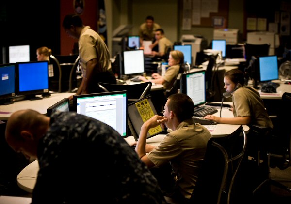 U.S. sailors assigned to Navy Cyber Defense Operations Command man their stations at Joint Expeditionary Base Little Creek-Fort Story, Va., Aug. 4, 2010. NCDOC sailors monitor, analyze, detect and respond to unauthorized activity within U.S. Navy information systems and computer networks. U.S. Navy photo by Petty Officer 2nd Class Joshua J. Wahl  