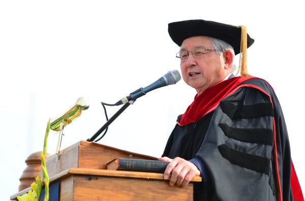 Dr. Billy Kim, chair of the Far East Broadcasting Company in South Korea, addresses students during Carson-Newman’s Spring Commencement on Friday morning.