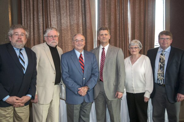 Current and past Carson-Newman Honors Directors attended a April 19, 50-year celebration dinner at Calhoun’s on the River in Knoxville. From left are Dr. Mark Biddle, Dr. Gerald Wood, Dr. Paul Brewer, Dr. Mark Hussung, Carolyn Blevins, and current director Dr. Brian Austin.