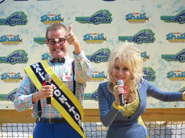 Dolly clowns with Francis the Hall Monitor at the grand opening of her newest addition at Splash Country