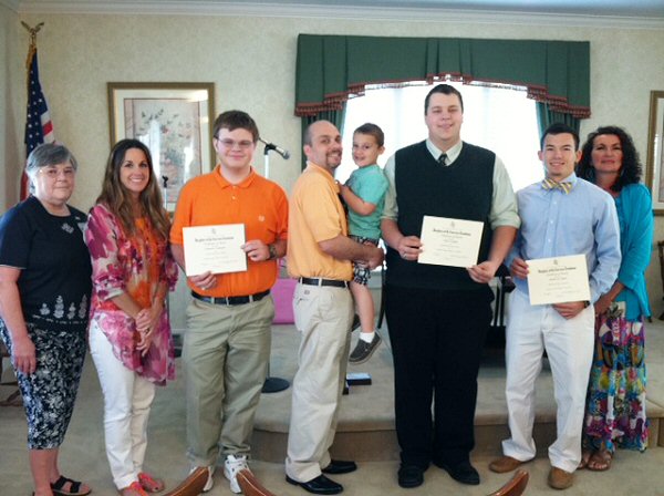 Samuel Doak Chapter NSDAR Scholarship Winners:  L/R:  Samuel Doak Chapter Scholarship Chairman Mary Jane Coleman, East High School Counselor Amy Eversole, Chance Cansler, Patrick Logan and Zackery Logan, brother and nephew of Alex Logan, Alex Logan, Andrew Epps, and his mother Robin Epps.