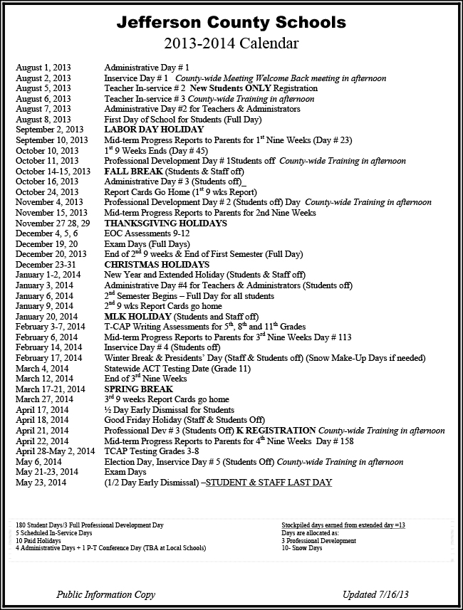 Jefferson County Schools Official 2013 2014 Calendar The Jefferson
