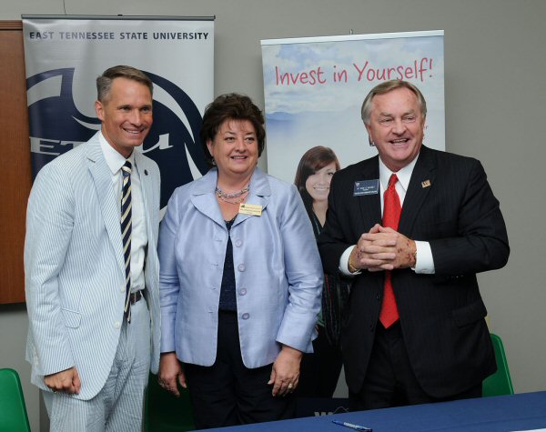 Dr. Brian Noland, president of ETSU, Dr. Janice Gilliam, president of Northeast State Community College, and Dr. Wade McCamey, president of Walters State Community College, pose for a photo following a press conference announcing a reverse transfer agreement. The agreement will allow a student who has completed a minimum number of hours at one of the community colleges to transfer hours taken at ETSU back to complete an associate’s degree.