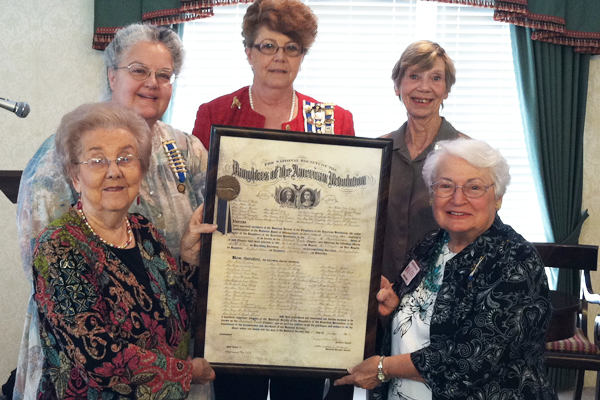 L/R - Virginia Anderson, Gwen Blair, Gloria Beauchamp, Regent;  Jane Hersch, Chairman of the Archives Committee, and member Sheila Rice - Photo submitted