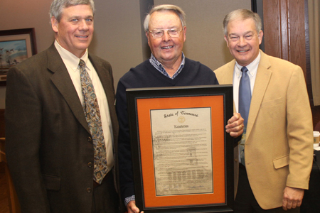 Bill Dance is pictured with TFWC Chairman Jeff McMillin (left) and TWRA Executive Director Ed Carter after he received a plaque with a resolution noting his many contributions that include the sport of fishing, the TWRA, and the state through the years. The honor came at the January meeting of the TFWC.