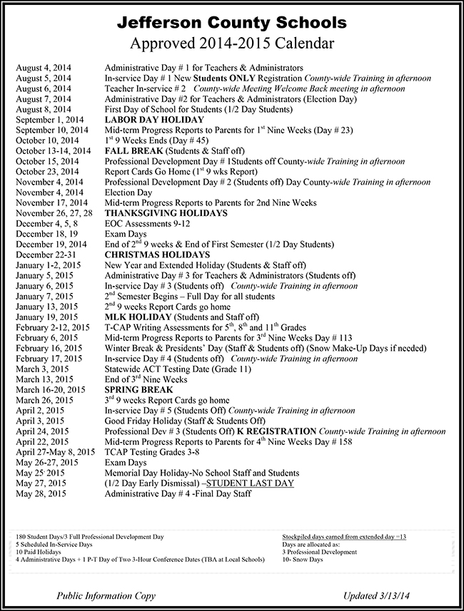 Updated Jefferson County, TN School Calendar for 20142015 The