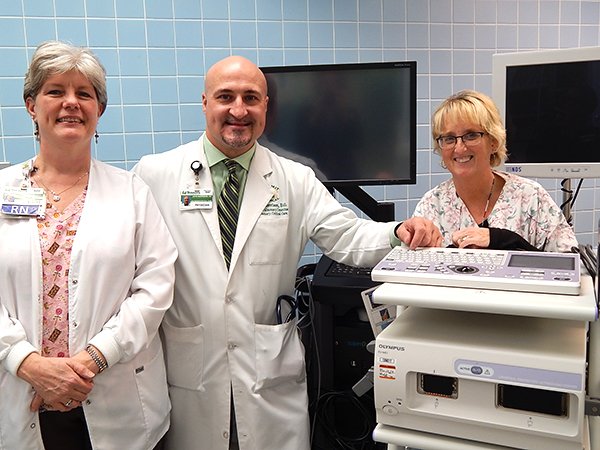 John Morrison, D.O., and Endoscopy Lab team at Physicians Regional Medical Center are utilizing new technology that benefits patients who may have lung cancer.  (l-r) Nancy Tatum, RN, staff nurse; Dr. Morrison; Jannelle Justice, RN, charge nurse
