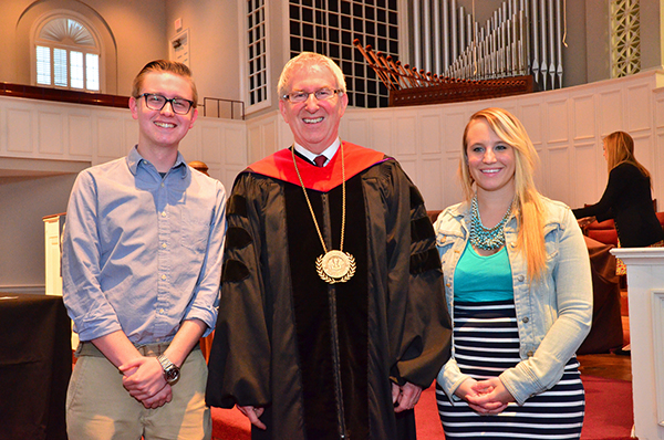 Carson-Newman University President Randall O'Brien, center, congratulates seniors Jared Belcher and Rachel Gillespie upon being named recipients of the Algernon Sydney Sullivan Award, the highest student honor presented by the University.