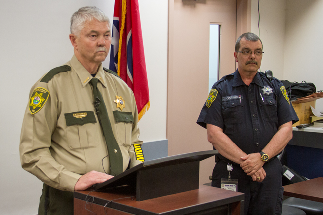 L/R - Jefferson County, TN Sheriff G.W. "Bud" McCoig, Captain R. Oaks, in a press conference held on April 18, 2014Staff Photo by Jeff Depew