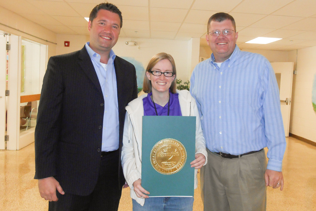 Tennessee State Representative Andrew Farmer, Sarah McCue, and Principal Tommy ArnoldPhoto submitted by Kirsten Mullins
