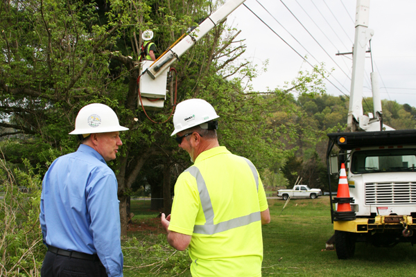 AEC Vice-President Joe McCarter (left) and Wolf Tree Supervisor Andy Steele discuss a tree-trimming project designed to prevent limbs from coming into contact with power lines on a circuit that runs along Highway 92. The Co-op has contracted with Wolfe Tree to perform this type of work since the mid-1980s, and considers the company a valuable partner in the effort to consistently achieve the Tree Line USA designation.
