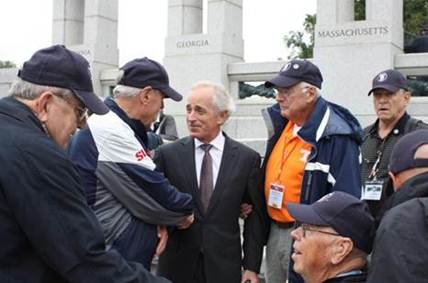 October 9, 2013 - Corker meets with Tennessee veterans participating in the Honor Flight Network as they tour the World War II Memorial in Washington, D.C.Photo Submitted by Jamie Corley, Press Secretary