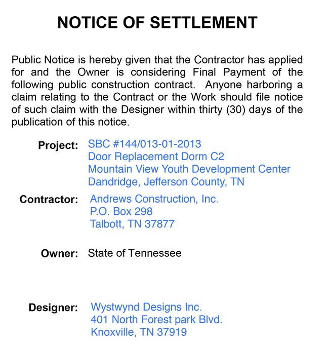 PUBLIC NOTICE NOTICE OF SETTLEMENT Mountain View Youth Development