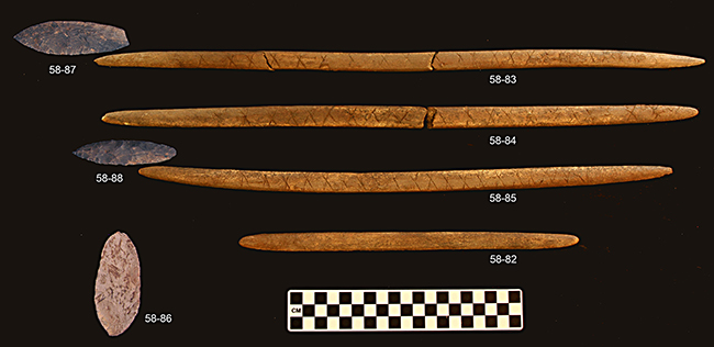 Artifacts from the burial site, include stone projectile points and antler foreshafts.Credit: Ben Potter, University of Alaska, Fairbanks