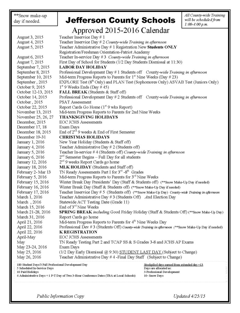 Jefferson County Schools 20152016 Calendar The Jefferson County Post