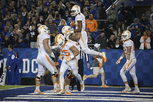 LEXINGTON, KY - OCTOBER 31, 2015 - The team celebrates with wide receiver Josh Malone #3 of the Tennessee Volunteers during the game between the Kentucky Wildcats and the Tennessee Volunteers at Commonwealth Stadium in Lexington, KY. Photo By Craig Bisacre/Tennessee Athletics