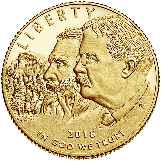 Designer: Don Everhart; Engraver: Don EverhartFeatures John Muir and Theodore Roosevelt with Yosemite National Park's Half Dome in the background.  Inscriptions are "LIBERTY," "2016" and "IN GOD WE TRUST."US Mint