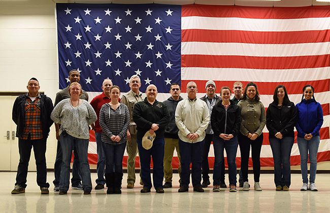 Members of the 118th Mobile Public Affairs Detachment pose for a photo during a farewell ceremony at the Hall of Flags, Joint Force Headquarters,Tennessee National Guard, Nashville, Tenn. on February 16, 2016. This is the first Tennessee Army National Guard to deploy to U.S. Naval Base, Guantanamo Bay in support of Operation Enduring Freedom.