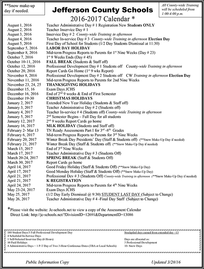 Jefferson County Schools 2016 2017 Calendar The Jefferson County Post