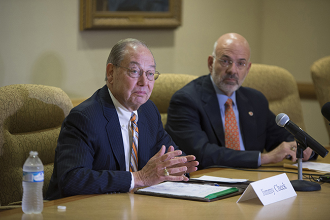 Chancellor Jimmy G. Cheek and President Joe DiPietro talk to the media on Tuesday, June 21, about Cheek’s plans to return to the faculty in the next academic year. Cheek and DiPietro have worked together for nearly twenty years, swapping supervisory roles several times. Prior to working together UT, they were administrative colleagues at the Univeristy of Florida. (Adam Brimer/University of Tennessee)