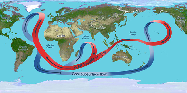 This is a depiction of the global ocean circulation. In the Atlantic Ocean, warm water travels north at the surface, while cooler water travels south at depth. Researchers are studying what controls the strength of this circulation.NASA