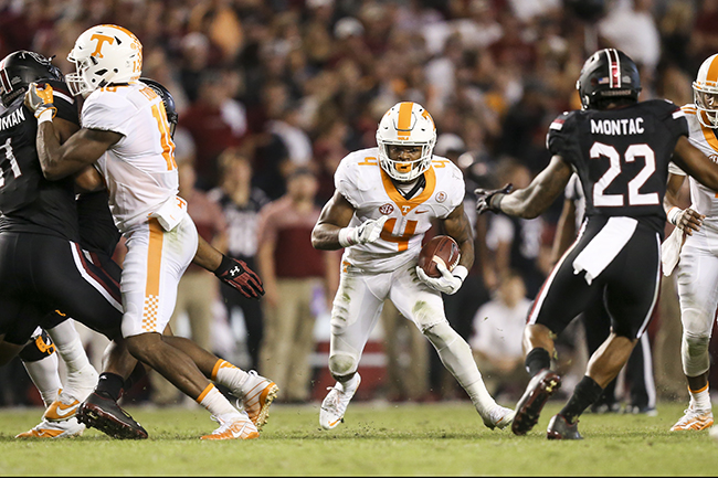 COLUMBIA, SC - OCTOBER 29, 2016 - running back John Kelly #4 of the Tennessee Volunteers  during the game between the South Carolina Gamecocks and the Tennessee Volunteers at Williams-Brice Stadium in Columbia, SC. Photo By Hayley Pennesi/Tennessee Athletics