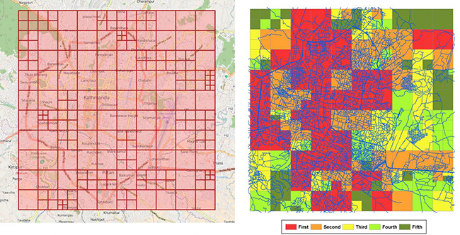 Yingjie Hu, UT assistant professor of geography, has developed an algorithm to improve online mapping of disaster areas. The image shows grid cells for disaster mapping (left) and cells prioritized using color codes (right).