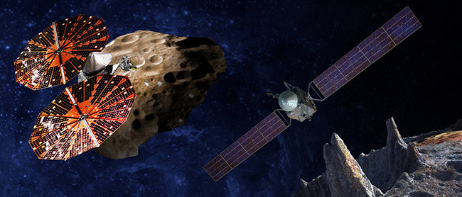 (Left) An artist’s conception of the Lucy spacecraft flying by the Trojan Eurybates – one of the six diverse and scientifically important Trojans to be studied. Trojans are fossils of planet formation and so will supply important clues to the earliest history of the solar system. (Right) Psyche, the first mission to the metal world 16 Psyche will map features, structure, composition, and magnetic field, and examine a landscape unlike anything explored before. Psyche will teach us about the hidden cores of the Earth, Mars, Mercury and Venus.Credits: SwRI and SSL/Peter Rubin