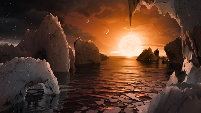 This illustration shows the possible surface of TRAPPIST-1f, one of the newly discovered planets in the TRAPPIST-1 system. Scientists using the Spitzer Space Telescope and ground-based telescopes have discovered that there are seven Earth-size planets in the system.Credits: NASA/JPL-Caltech