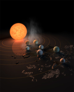 The TRAPPIST-1 star, an ultra-cool dwarf, has seven Earth-size planets orbiting it. This artist's concept appeared on the cover of the journal Nature on Feb. 23, 2017.Credits: NASA/JPL-Caltech