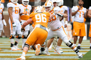 KNOXVILLE,TN - APRIL 22, 2017 - defensive lineman Joey Cave #96 of the Tennessee Volunteers and tight end Andrew Craig #86 of the Tennessee Volunteers during the Spring 2015 Orange and White Game at Neyland Stadium in Knoxville, TN. Photo By Amanda Izzi/Tennessee Athletics
