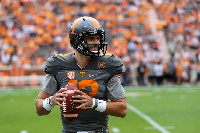 KNOXVILLE, TN - APRIL 22, 2017 - quarterback Quinten Dormady #12 of the Tennessee Volunteers during the Spring Game at Neyland Stadium in Knoxville, TN. Photo By Donald Page/Tennessee Athletics