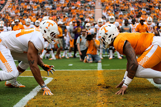 KNOXVILLE, TN - APRIL 22, 2017 - defensive lineman Austin Smith #11 of the Tennessee Volunteers and tight end Jakob Johnson #44 of the Tennessee Volunteers during the Spring Game at Neyland Stadium in Knoxville, TN. Photo By Donald Page/Tennessee Athletics