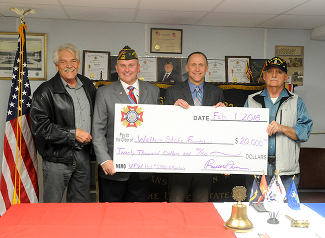 VFW Post 3380, based in Dandridge, has endowed a scholarship to assist future veterans in meeting their educational goals. From left are David Hayes, vice president of the Walters State Foundation; VFW Post Commander Russell Turner; Dr. Tony Miksa, president of Walters State Community College; and Zack Taylor, one of the veterans who spearheaded the scholarship endowment project. 