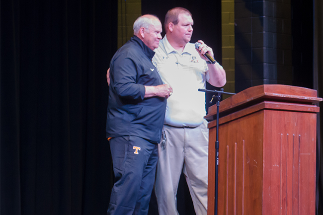 University of Tennessee Athletic Director Phillip Fulmer and Jefferson County High School Head Football Coach Spencer Riley.  Staff Photo by Angie Stanley