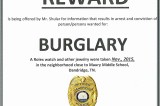 $10,000 Reward Offered In Arrest And Conviction Of Person Wanted For Burglary