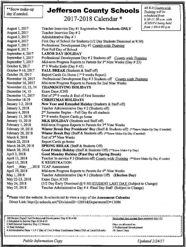 JCHS Calendar 20172018 02282017 The Jefferson County Post
